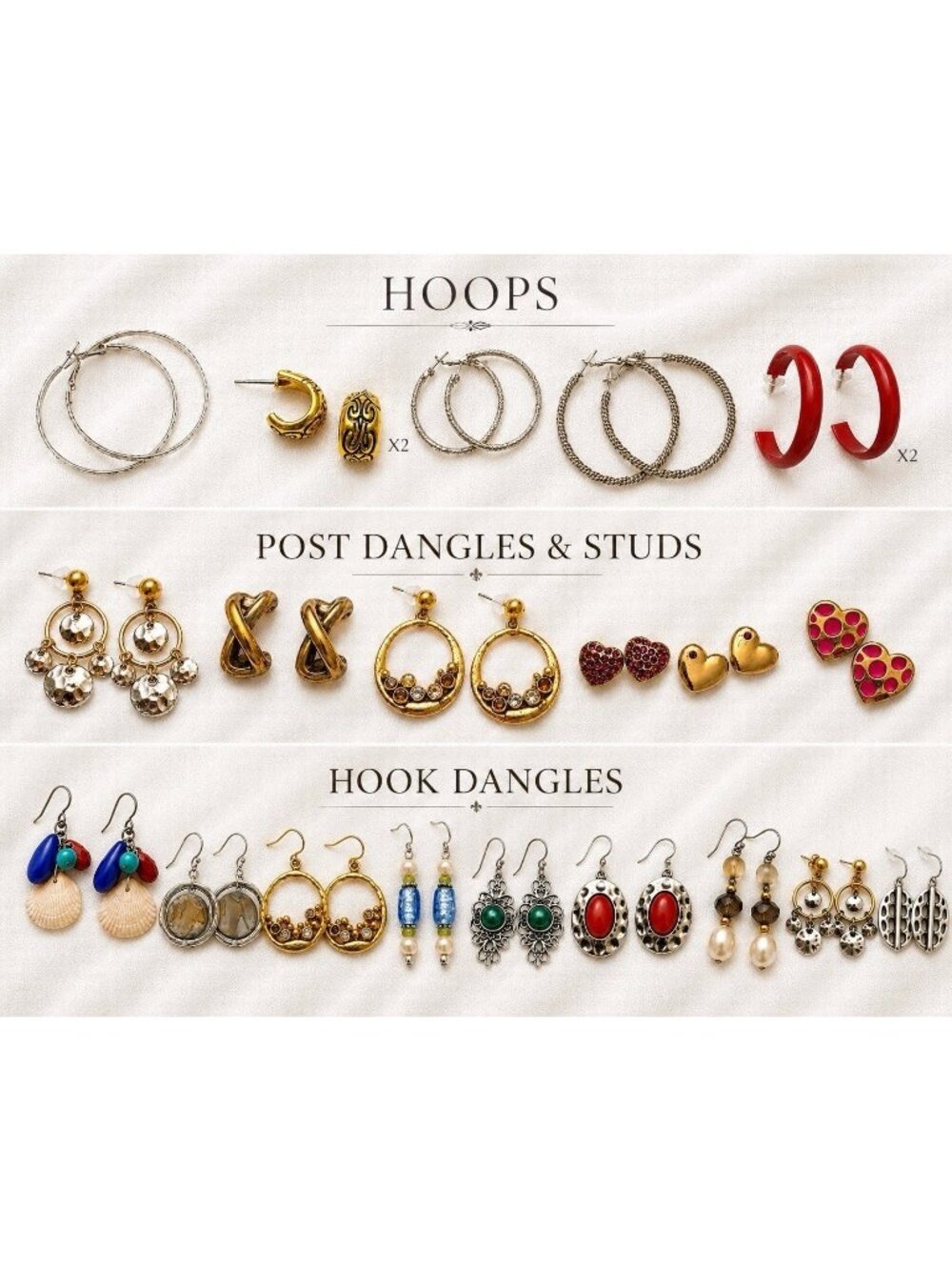 23 Pair Vintage Y2K Earrings Lot Hoops Dangles Studs Mixed Jewelry Bundle EUC